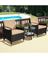 Gymax 3PCS Outdoor Wicker Bistro Set Patio Conversation Furniture Set w/ Cushions