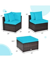 Gymax 4PCS Rattan Patio Conversation Furniture Set Yard Outdoor w/ Turquoise Cushion