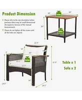 Gymax 3PCS Patio Conversation Furniture Set Pe Rattan Sofa Set W/Wood Top Table