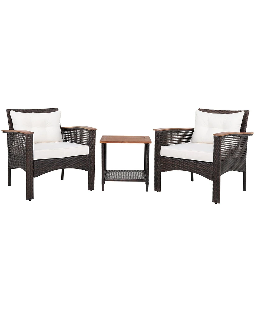 Gymax 3PCS Patio Conversation Furniture Set Pe Rattan Sofa Set W/Wood Top Table