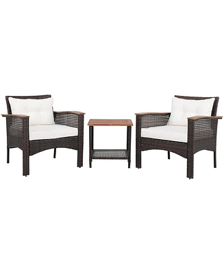 Gymax 3PCS Patio Conversation Furniture Set Pe Rattan Sofa Set W/Wood Top Table