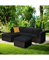 Gymax 5PCS Rattan Patio Conversation Set Outdoor Furniture Set w/ Black Cushions