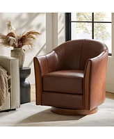 Raul Transitional Genuine Leather 360-degree Swivel Barrel Chair with Solid Wood Base and Armrest