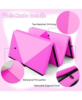8 Feet Pu Leather Folding Gymnastics Mat with Hook and Loop Fasteners-Pink