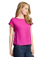Jones New York Petite Round-Neck Side-Button Short-Sleeve Top