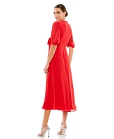 Mac Duggal Women's V Neck Bow Detail Flowy Midi Dress