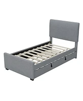 Twin Linen Platform Bed with Trundle, Padded Headboard, Grey