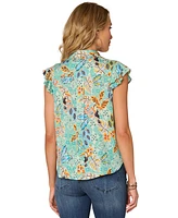 Democracy Petite Floral-Print Double-Flutter Blouse