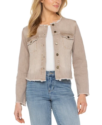 Liverpool Los Angeles Women's Collarless Frayed Trim Denim Jacket