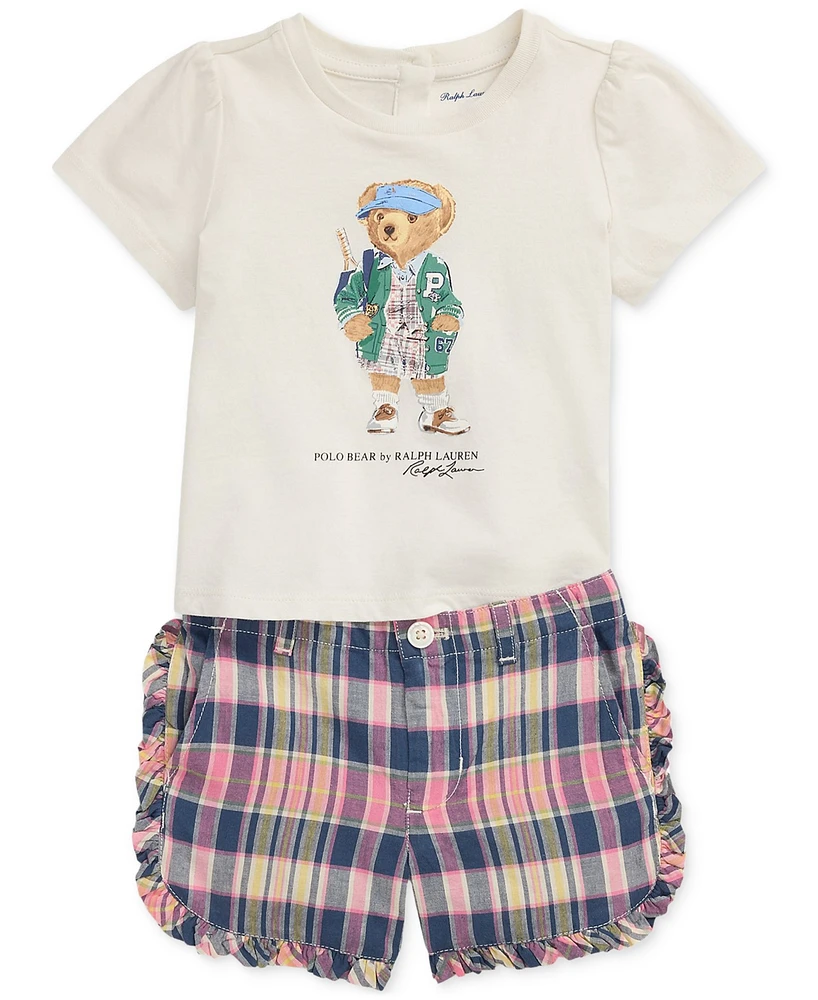 Polo Ralph Lauren Baby Girls Bear Tee & Madras Shorts Set