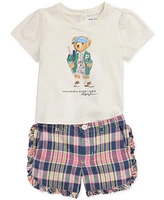 Polo Ralph Lauren Baby Girls Bear Tee & Madras Shorts Set