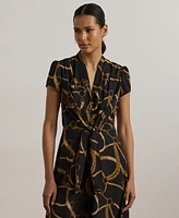 Lauren Ralph Petite Belting-Print Crepe Tie-Front Dress