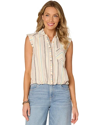Democracy Petite Stripe Bubble-Hem Button-Front Top