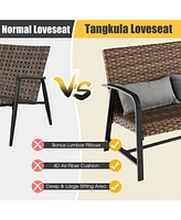 Gymax Set of 2 Rattan Loveseat Coffee Table Set w/ Padded Back Seat Pillow Patio