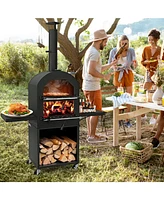 Outdoor Pizza Oven with Protective Cover and Grill Racks and Built-in Thermometer