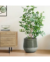 LuxenHome Emerald Ribbed Top with Ivory Bottom 14.6" Tall Resin Round Planter
