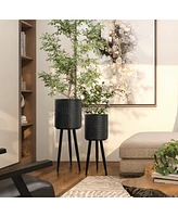 LuxenHome Set of 2 Black Dimpled Metal Cachepot Planters with Black Metal Legs