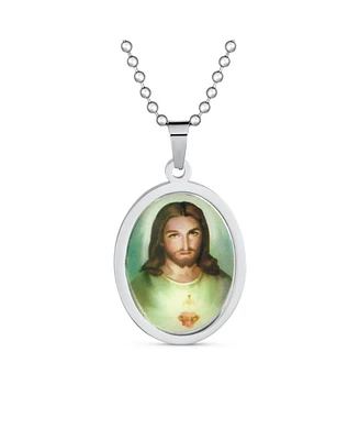 Bling Jewelry Oval Sacred Heart Jesus Pendant Necklace Silver Stainless Steel Medallion