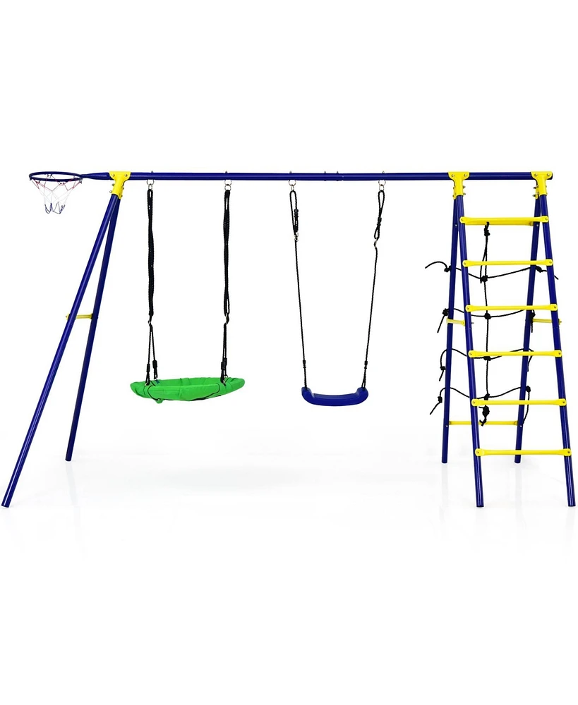 5-In-1 Outdoor Kids Swing Set with A-Shaped Metal Frame and Ground Stake