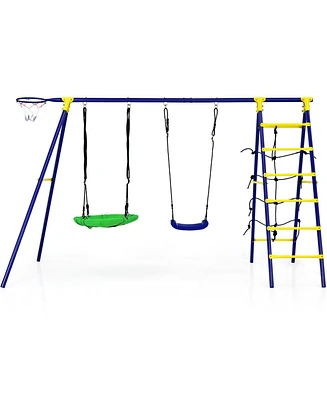 5-In-1 Outdoor Kids Swing Set with A-Shaped Metal Frame and Ground Stake