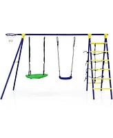 5-In-1 Outdoor Kids Swing Set with A-Shaped Metal Frame and Ground Stake