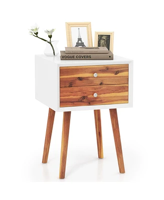Gymax Wooden Nightstand Mid-Century End Side Table Bedroom W/2 Storage Drawers