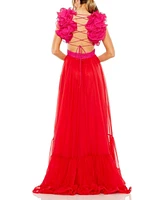 Mac Duggal Women's Ruffle Tiered Cut Out Lace Up Chiffon Gown