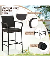 2 Pieces Outdoor Pe Rattan Cushioned Barstool Set with Armrests