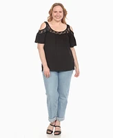 White Mark Plus Cold Shoulder Lace Trim Knit Top