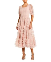 Women's Short Sleeve Mesh Mirco Ruffle Midi Dress