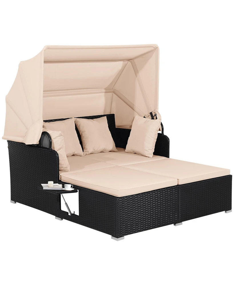 Patio Rattan Daybed with Retractable Canopy and Side Tables
