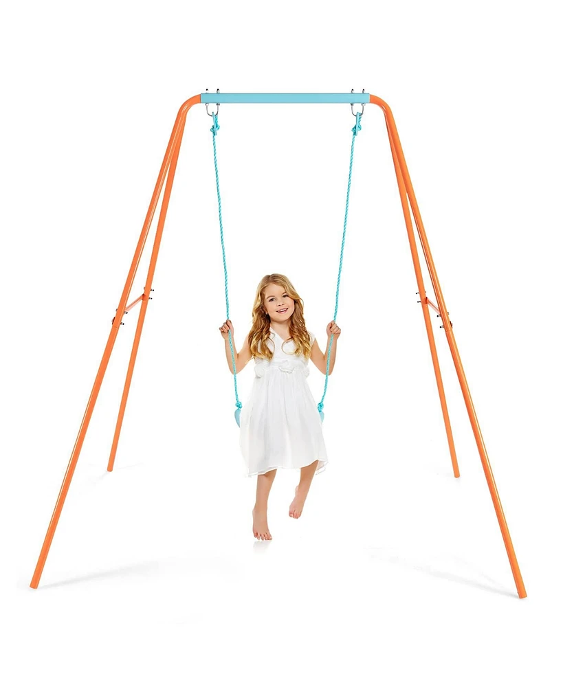 Outdoor Kids Swing Set with Heavy Duty Metal A-Frame and Ground Stakes