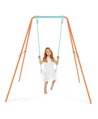 Outdoor Kids Swing Set with Heavy Duty Metal A-Frame and Ground Stakes