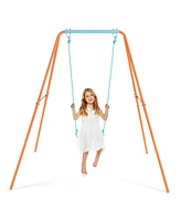 Outdoor Kids Swing Set with Heavy Duty Metal A-Frame and Ground Stakes
