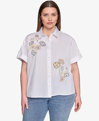Karl Lagerfeld Paris Plus Cotton Floral-Detail Roll-Tab Shirt