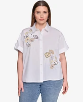 Karl Lagerfeld Paris Plus Cotton Floral-Detail Roll-Tab Shirt