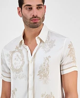 Guess Men's Floral Mirror Charm Short Sleeve Button-Front Shirt