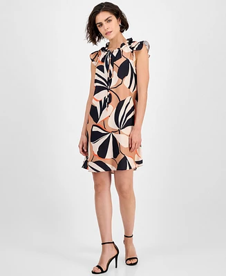 Robbie Bee Women's Printed Ruffle-Neck Cap-Sleeve Dress