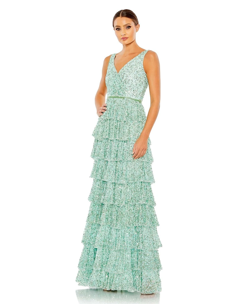 Mac Duggal Women's Ruffle Tiered Sleeve Gown