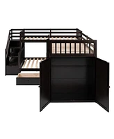 Twin-Twin over Full L-Shaped Bunk Bed w/ Desk & Wardrobe