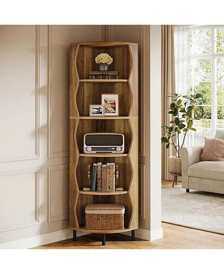 Tribesigns 5-Tier Corner Shelf, 71.5-Inch Tall Corner Bookshelf, Stylish Wood Bookcase Display Shelf Storage Rack Plant Stand for Small Space