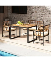 Gymax 4 Pcs Acacia Wood Patio Dining Set w/ 1 Rectangular Table 1 Loveseat & 2 Armchairs