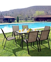 Gymax 7PCS Patio Dining Furniture Set w/ 6 Stackable Armchairs & Umbrella Hole