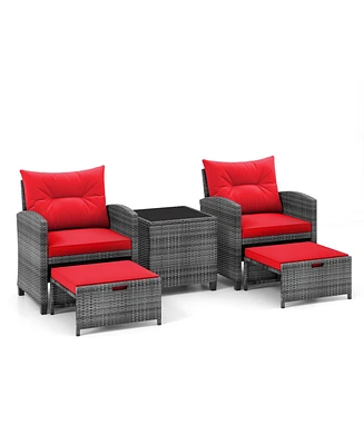 5 Piece Patio Rattan Furniture with 2 Ottomans and Tempered Glass Coffee Table-Red