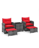 5 Piece Patio Rattan Furniture with 2 Ottomans and Tempered Glass Coffee Table-Red