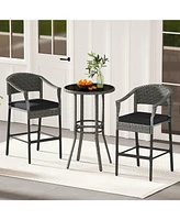 3-Piece Patio Rattan Bar Set with Tempered Glass Top for Backyard Poolside-Gray