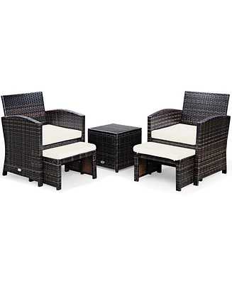 5 Pieces Patio Rattan Furniture Set with Ottoman and Tempered Glass Coffee Table-White