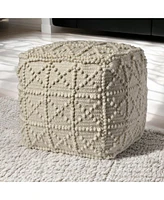 Ivory Wool Sqaure Pouf With Popcorn Detail