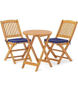 3 Pieces Acacia Wood Patio Folding Bistro Set with Soft Cushions