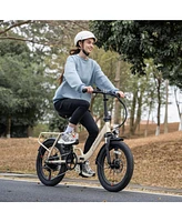 Off White Electric Bike, 20" Fat Tire Step-Thru Electric Bicycle, 900W Peak Motor 45 Miles 20MPH Top Speed, Dual Suspension & 7-Speed Folding Ebi